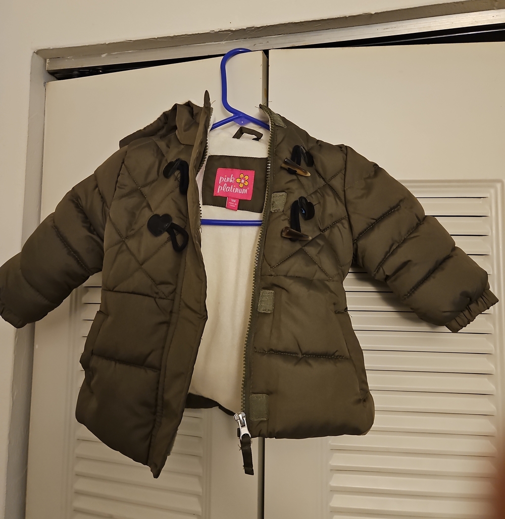 Pink Platinum Olive Puffer Coat with Hood for Kids